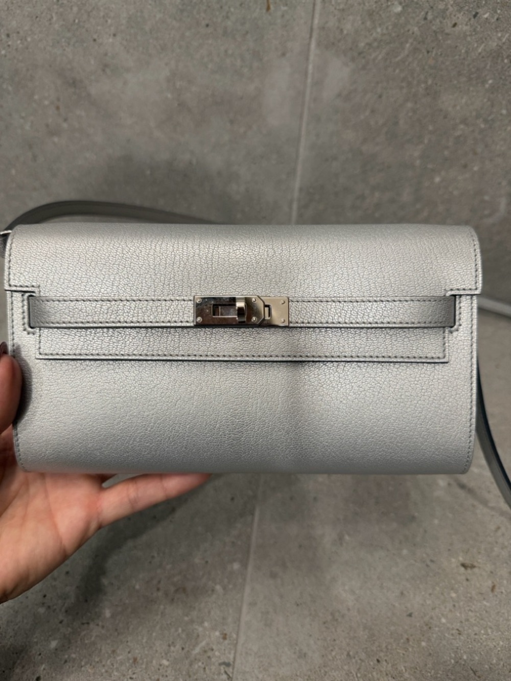 Hermes Silver Metallic Silver Argent Kelly To Go Leather Clutch
